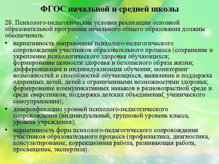 ФГОС начальной и средней школы 28. Психолого-педагогические условия реализации основной образовательной программы начального общего