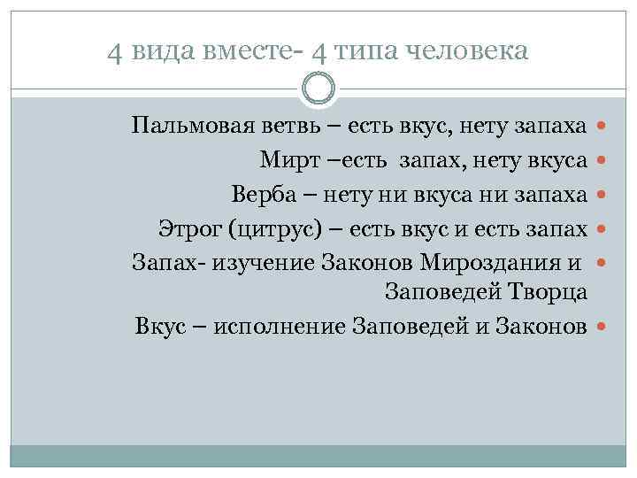 4 вида вместе- 4 типа человека Пальмовая ветвь – есть вкус, нету запаха Мирт