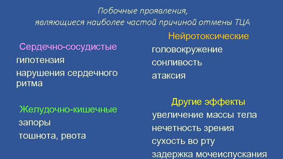 Побочные проявления, являющиеся наиболее частой причиной отмены ТЦА Нейротоксические Сердечно сосудистые головокружение гипотензия сонливость