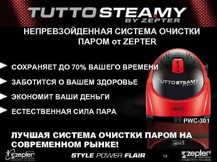НЕПРЕВЗОЙДЕННАЯ СИСТЕМА ОЧИСТКИ ПАРОМ от ZEPTER СОХРАНЯЕТ ДО 70% ВАШЕГО ВРЕМЕНИ ЗАБОТИТСЯ О ВАШЕМ
