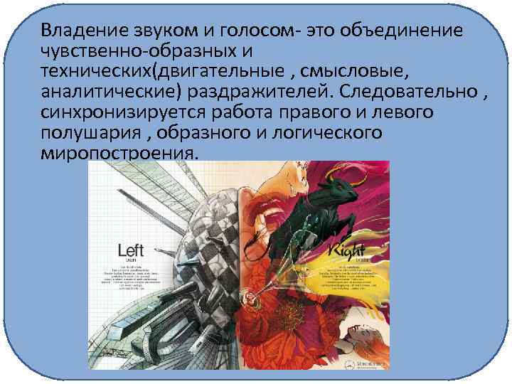 Владение звуком и голосом- это объединение чувственно-образных и технических(двигательные , смысловые, аналитические) раздражителей. Следовательно