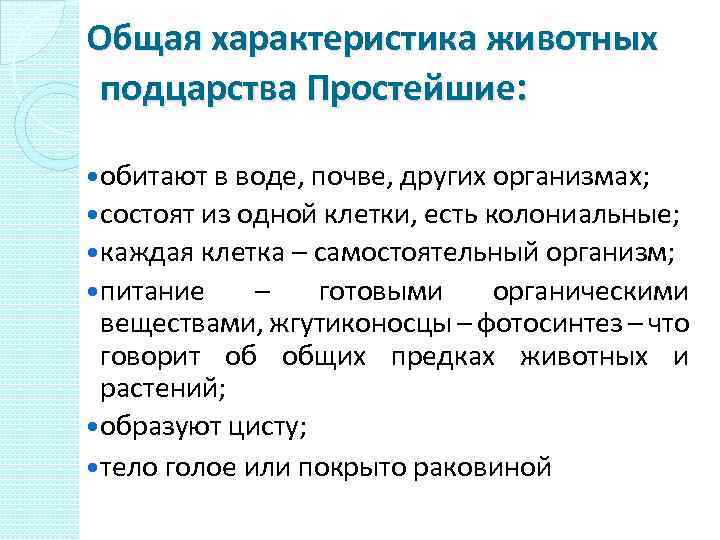 Общая характеристика животных подцарства Простейшие: обитают в воде, почве, других организмах; состоят из одной