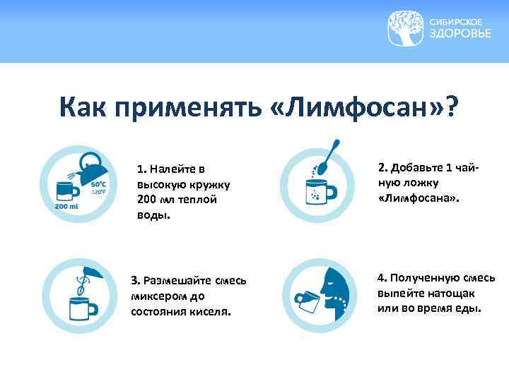 Как применять «Лимфосан» ? 1. Налейте в высокую кружку 200 мл теплой воды. 3.