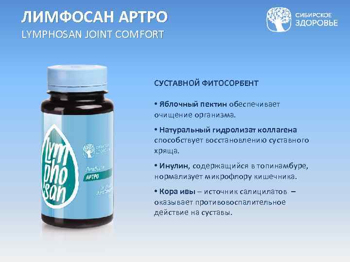 ЛИМФОСАН АРТРО LYMPHOSAN JOINT COMFORT СУСТАВНОЙ ФИТОСОРБЕНТ • Яблочный пектин обеспечивает очищение организма. •