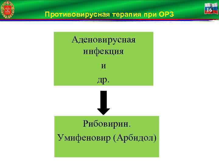 Противовирусная терапия при ОРЗ Аденовирусная инфекция и др. Рибовирин. Умифеновир (Арбидол) 16 