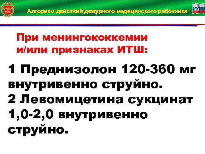 Алгоритм действий дежурного медицинского работника 30 При менингококкемии и/или признаках ИТШ: 1 Преднизолон 120