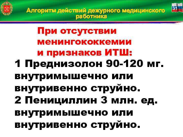 Алгоритм действий дежурного медицинского работника При отсутствии менингококкемии и признаков ИТШ: 1 Преднизолон 90