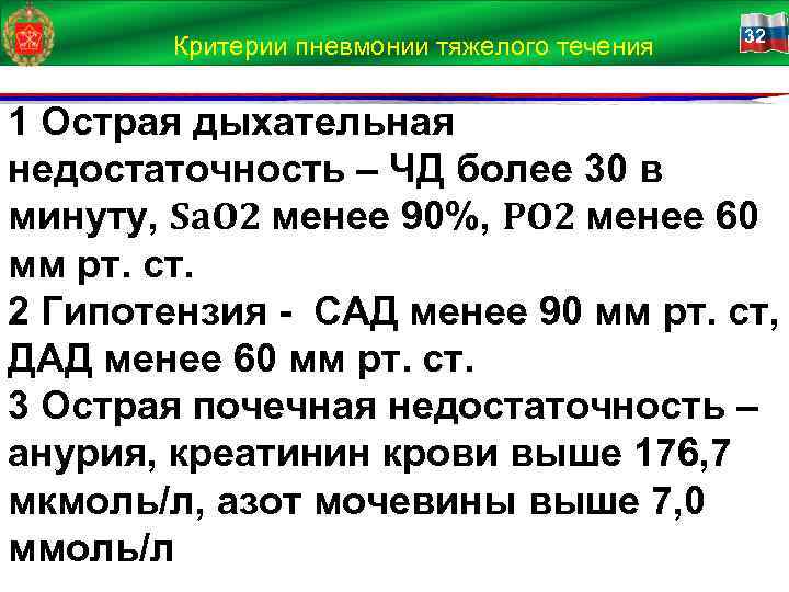 Критерии пневмонии тяжелого течения 32 1 Острая дыхательная недостаточность – ЧД более 30 в