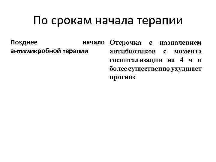 По срокам начала терапии Позднее начало Отсрочка с назначением антимикробной терапии антибиотиков с момента