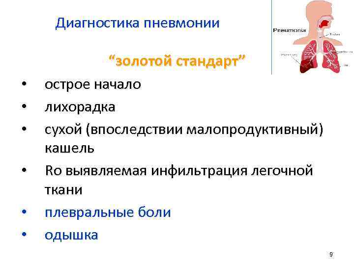 Диагностика пневмонии • • • “золотой стандарт” острое начало лихорадка сухой (впоследствии малопродуктивный) кашель