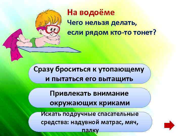 На водоёме Чего нельзя делать, если рядом кто-то тонет? Сразу броситься к утопающему и