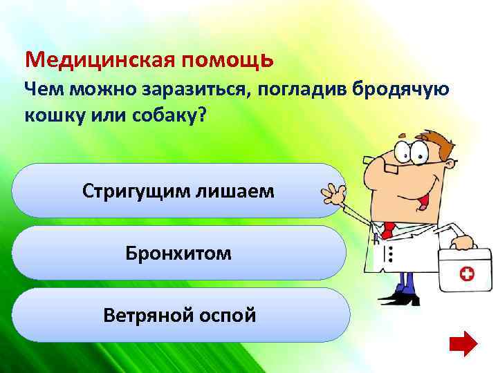 Медицинская помощ ь Чем можно заразиться, погладив бродячую кошку или собаку? Стригущим лишаем Бронхитом