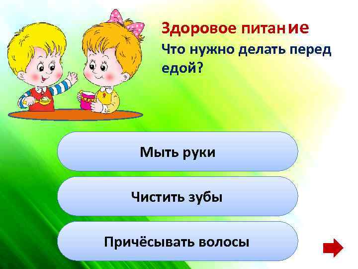 Здоровое питан ие Что нужно делать перед едой? Мыть руки Чистить зубы Причёсывать волосы