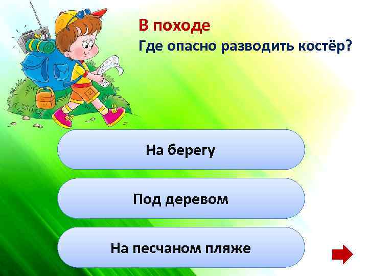 В походе Где опасно разводить костёр? На берегу Под деревом На песчаном пляже 