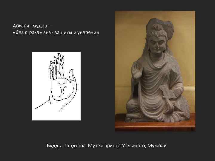 Абхайя--мудра — «без страха» знак защиты и уверения Будды. Гандхара. Музей принца Уэльского, Мумбай.