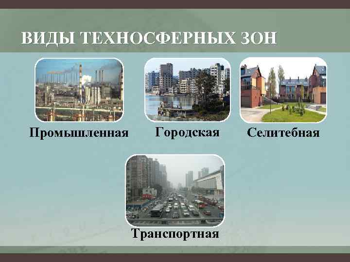 ВИДЫ ТЕХНОСФЕРНЫХ ЗОН Промышленная Городская Транспортная Селитебная 