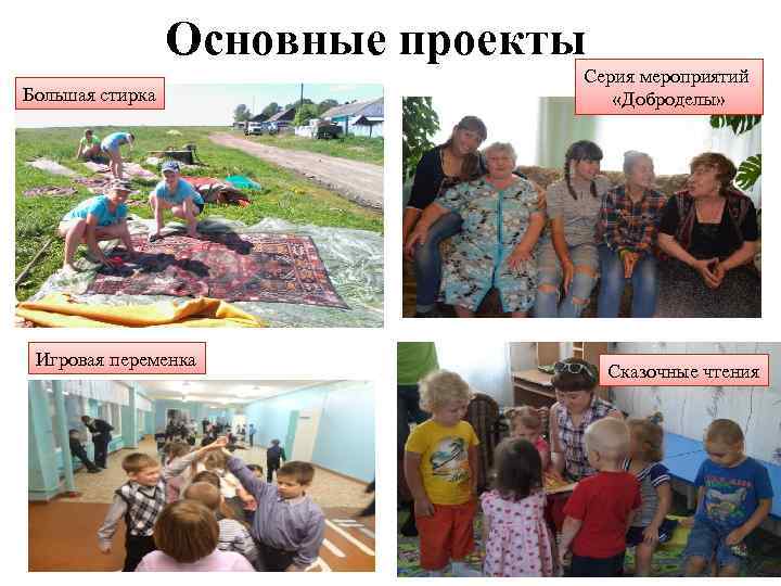 Основные проекты Большая стирка Игровая переменка Серия мероприятий «Доброделы» Сказочные чтения 