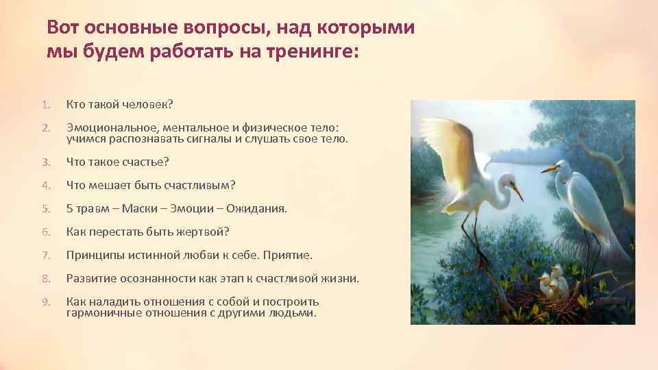 Вот основные вопросы, над которыми мы будем работать на тренинге: 1. Кто такой человек?
