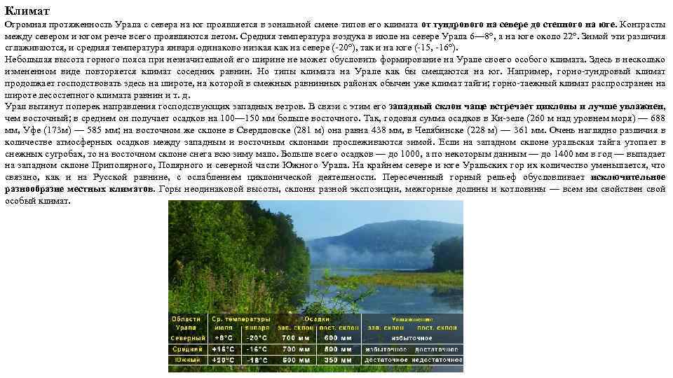 Климат Огромная протяженность Урала с севера на юг проявляется в зональной смене типов его