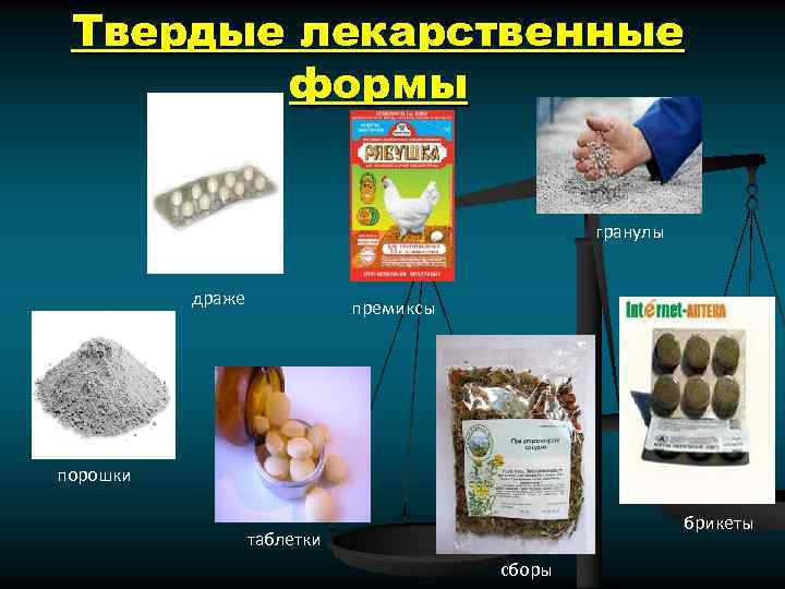Твердые лекарственные формы гранулы драже премиксы порошки брикеты таблетки сборы 