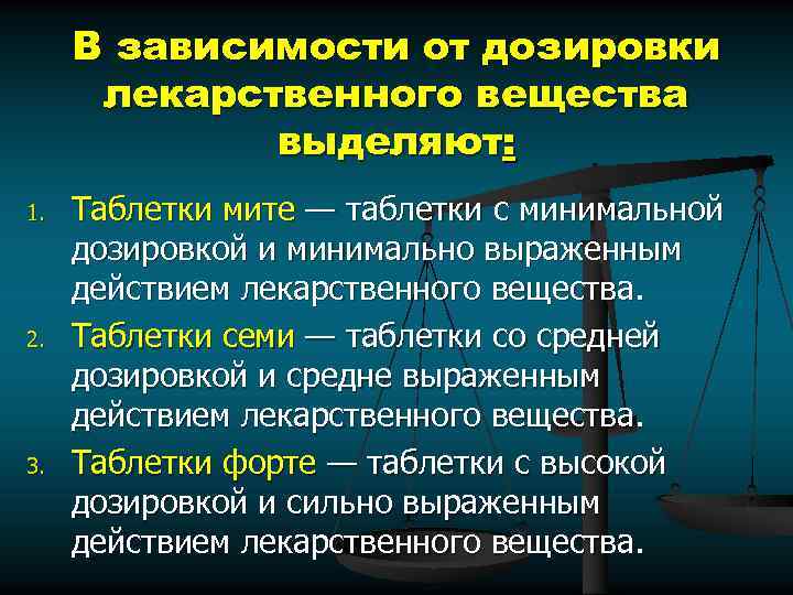 В зависимости от дозировки лекарственного вещества выделяют: 1. 2. 3. Таблетки мите — таблетки