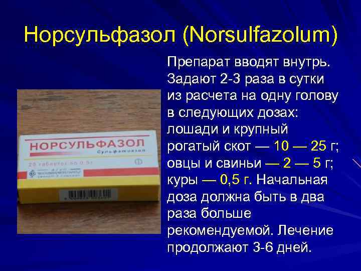 Норсульфазол (Norsulfazolum) Препарат вводят внутрь. Задают 2 3 раза в сутки из расчета на