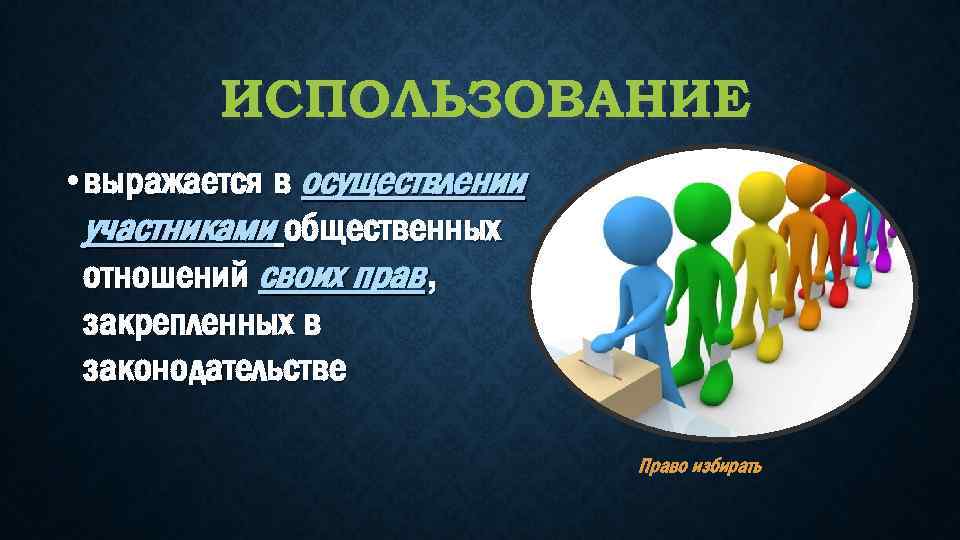 ИСПОЛЬЗОВАНИЕ • выражается в осуществлении участниками общественных отношений своих прав, закрепленных в законодательстве Право