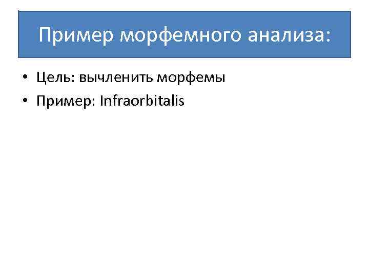 Пример морфемного анализа: • Цель: вычленить морфемы • Пример: Infraorbitalis 