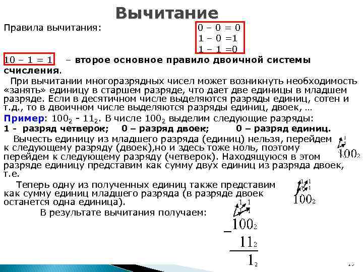 Правила вычитания: Вычитание 0– 0=0 1 – 0 =1 1 – 1 =0 –