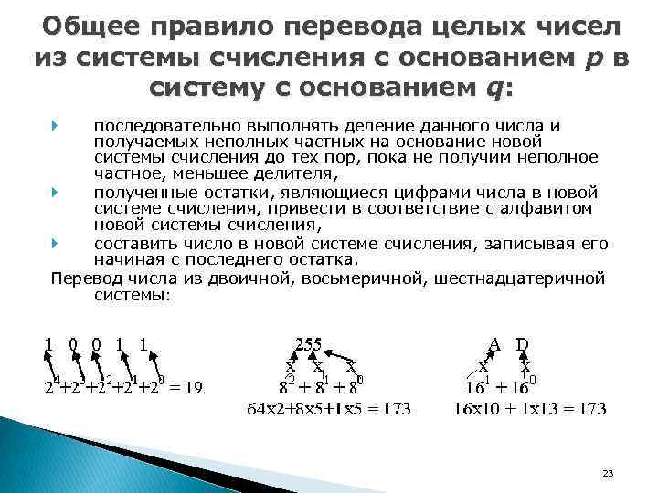 Общее правило перевода целых чисел из системы счисления с основанием р в систему с