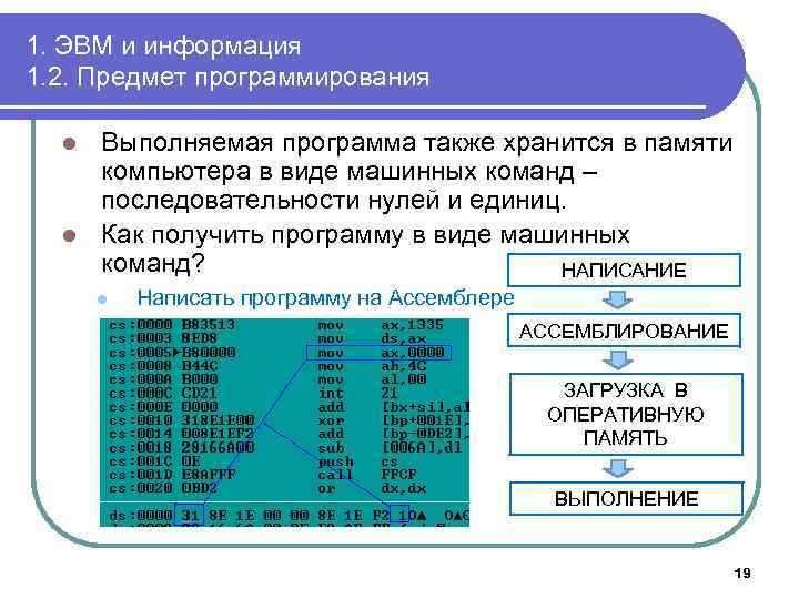 1. ЭВМ и информация 1. 2. Предмет программирования Выполняемая программа также хранится в памяти