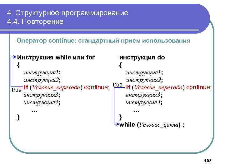 4. Структурное программирование 4. 4. Повторение Оператор continue: стандартный прием использования инструкция do Инструкция