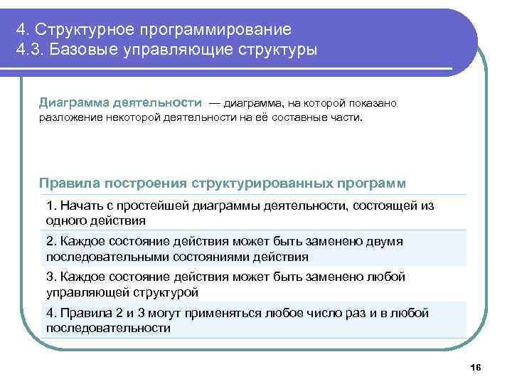 4. Структурное программирование 4. 3. Базовые управляющие структуры Диаграмма деятельности — диаграмма, на которой