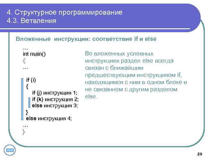 4. Структурное программирование 4. 3. Ветвления Вложенные инструкции: соответствие if и else … int