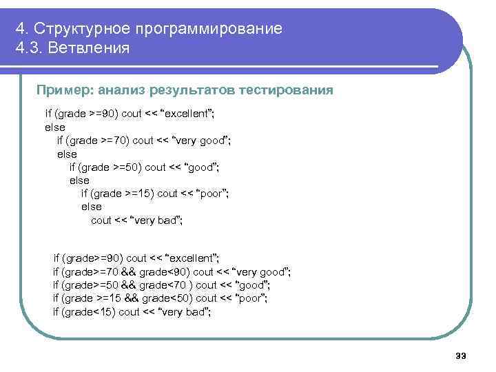 4. Структурное программирование 4. 3. Ветвления Пример: анализ результатов тестирования if (grade >=90) cout