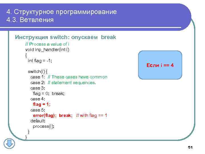 4. Структурное программирование 4. 3. Ветвления Инструкция switch: опускаем break // Process a value