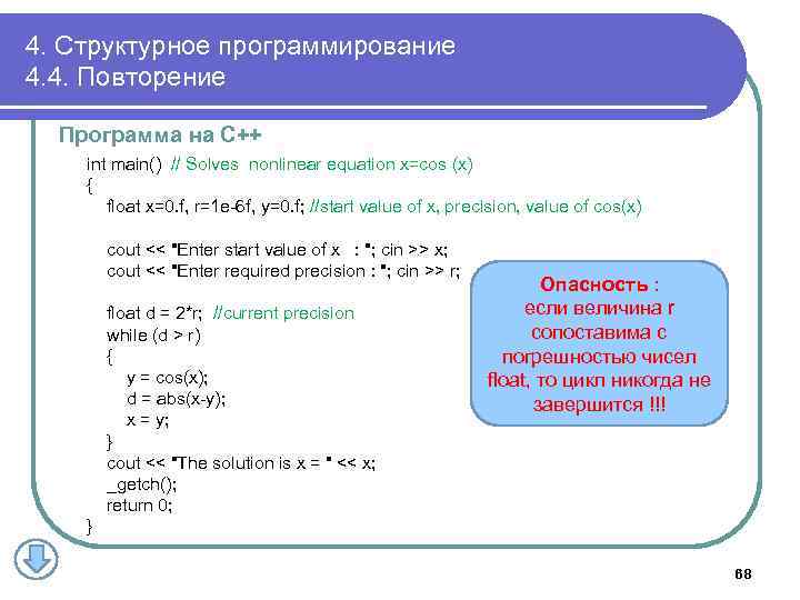 4. Структурное программирование 4. 4. Повторение Программа на С++ int main() // Solves nonlinear