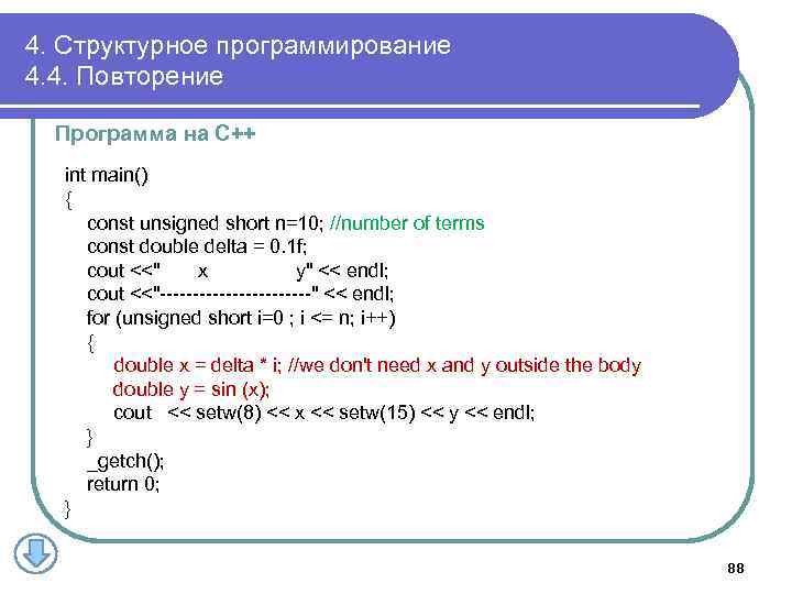 4. Структурное программирование 4. 4. Повторение Программа на С++ int main() { const unsigned