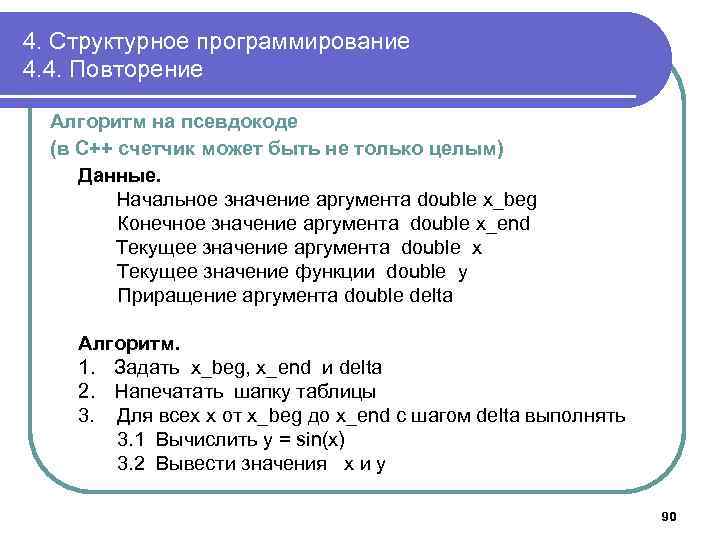 4. Структурное программирование 4. 4. Повторение Алгоритм на псевдокоде (в С++ счетчик может быть