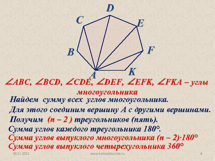 D С E F В А K ∠AВС, ∠BCD, ∠CDE, ∠DEF, ∠EFK, ∠FKA –