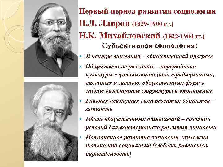 Первый период развития социологии П. Л. Лавров (1829 -1900 гг. ) Н. К. Михайловский