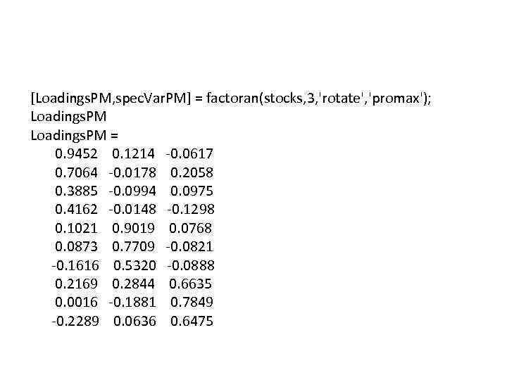 [Loadings. PM, spec. Var. PM] = factoran(stocks, 3, 'rotate', 'promax'); Loadings. PM = 0.