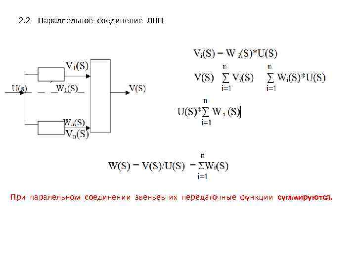 2. 2 Параллельное соединение ЛНП При паралельном соединении звеньев их передаточные функции суммируются. 