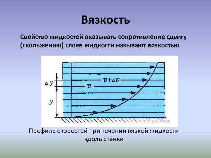 Вязкость Свойство жидкостей оказывать сопротивление сдвигу (скольжению) слоев жидкости называют вязкостью Профиль скоростей при