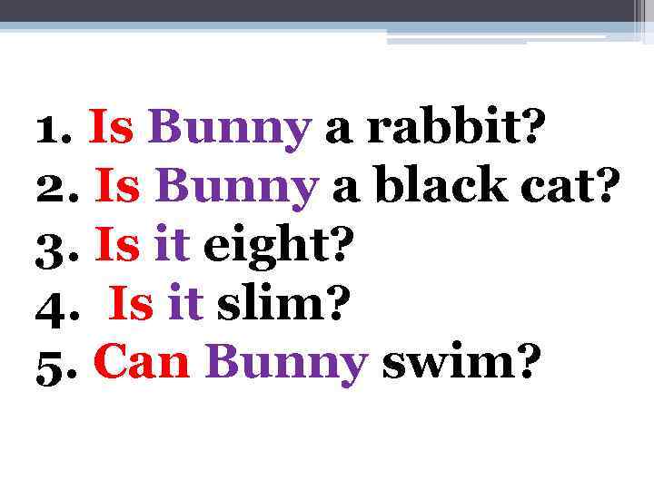 1. Is Bunny a rabbit? 2. Is Bunny a black cat? 3. Is it