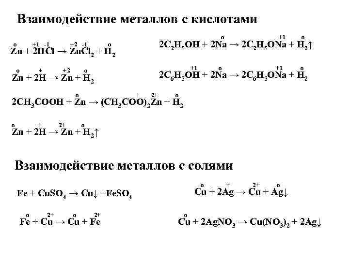 Взаимодействие металлов с кислотами o +1 -1 +2 -1 o Zn + 2 HCl