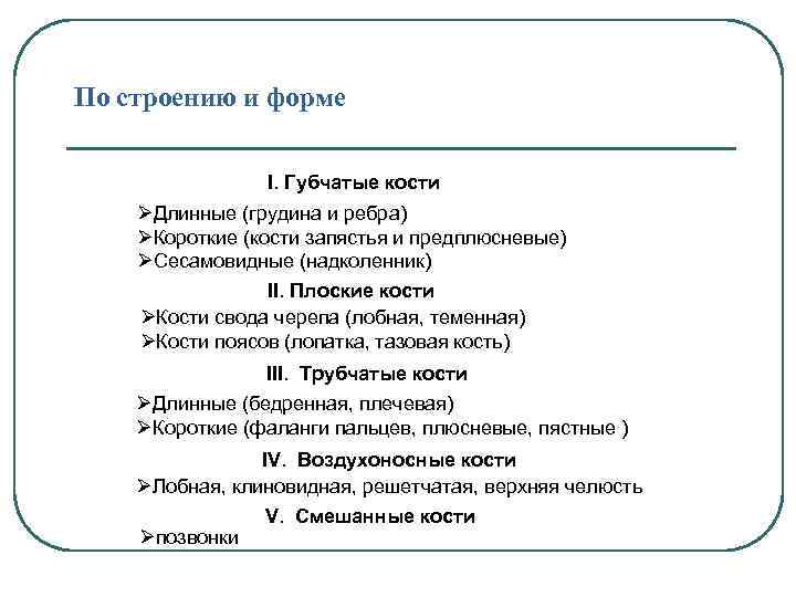 По строению и форме I. Губчатые кости ØДлинные (грудина и ребра) ØКороткие (кости запястья