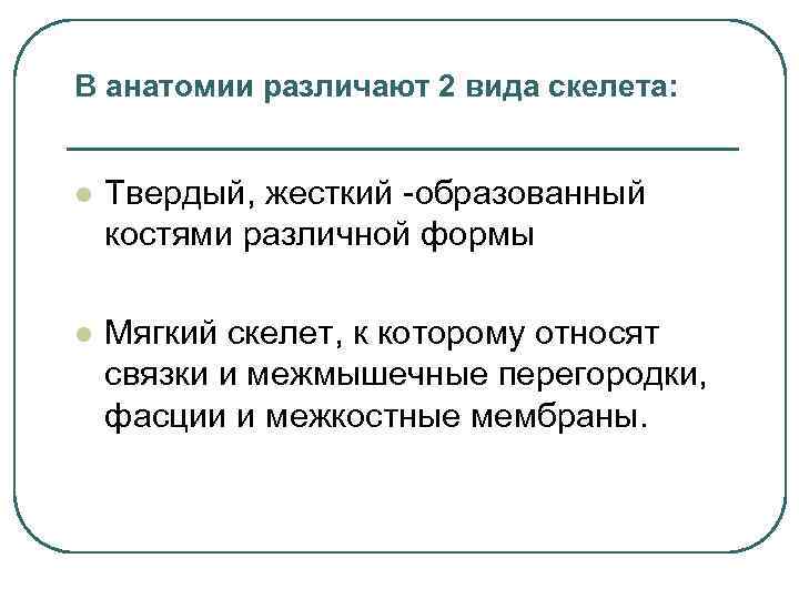 В анатомии различают 2 вида скелета: l Твердый, жесткий -образованный костями различной формы l