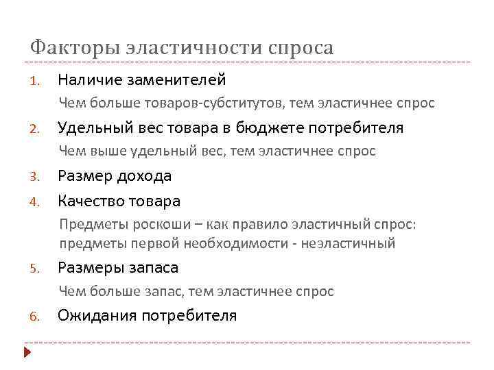 Факторы эластичности спроса 1. Наличие заменителей Чем больше товаров-субститутов, тем эластичнее спрос 2. Удельный