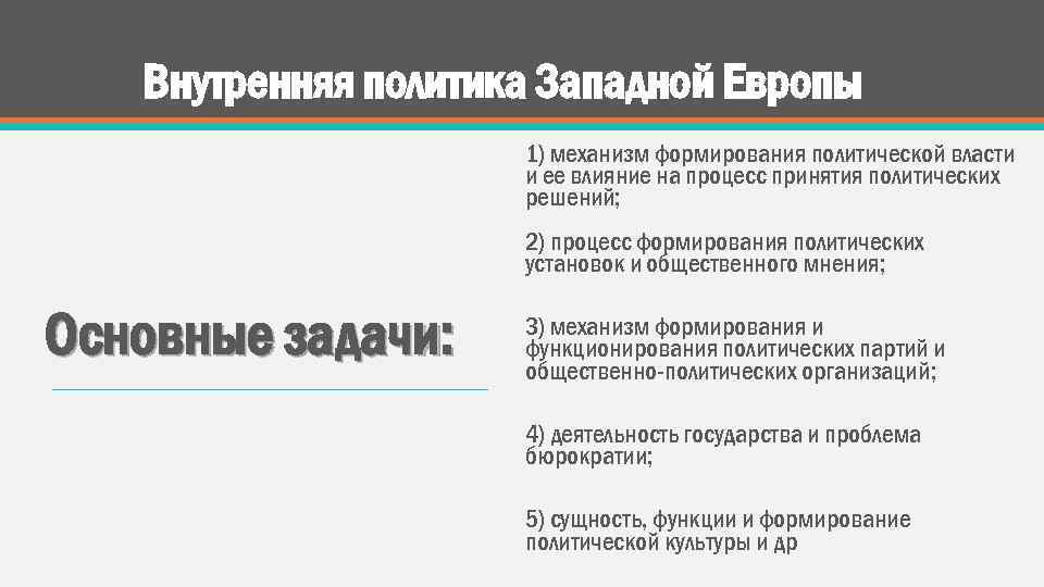 Внутренняя политика Западной Европы 1) механизм формирования политической власти и ее влияние на процесс